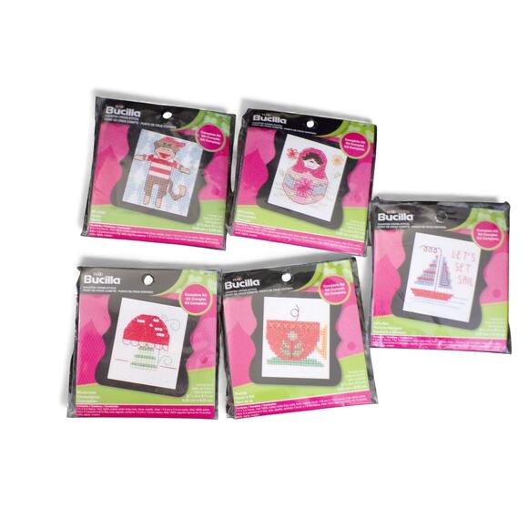 Bucilla Cross Stitch Kits Mini Frame Teacup Monkey Doll Sail Boat Mushroom - Picture 5 of 5